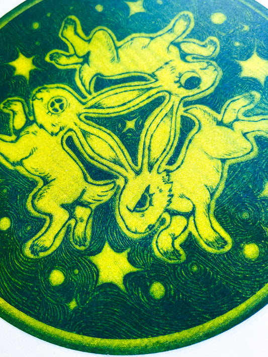 Three Rabbits Medieval Woodburn Riso Print